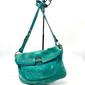 JIMMY CHOO TURQUOISE GREEN SUEDE LEATHER GOLD BUCKLE CROSSBODY SHOULDER BAG LG